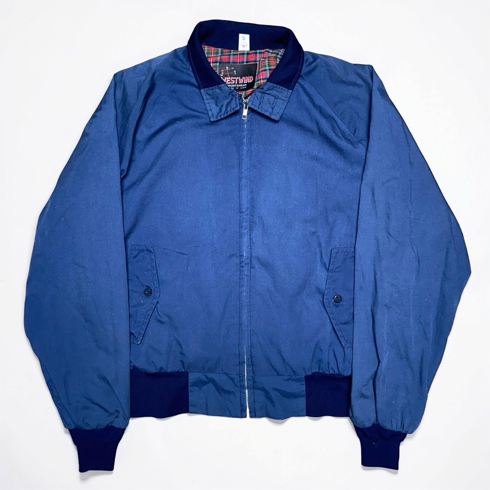 Vintage Westwind Navy Bomber Jacket XL 46 Mens 80s 90s USA Made Plaid Lined